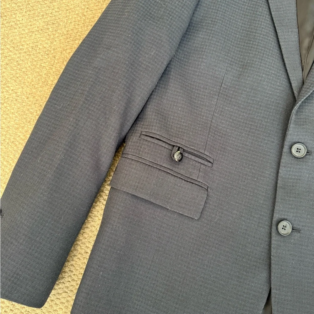 The Kooples Peak Lapel Fitted Navy Blue Grid Wool 2 Button Sport Coat Size 50